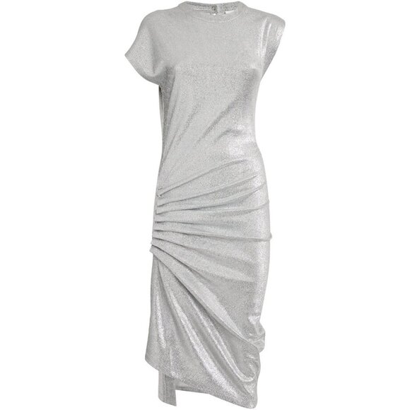 Paco Rabanne Lamé Midi Dress with Gathered Detail in Silver - Size FR 40 - NWT - Picture 1 of 8